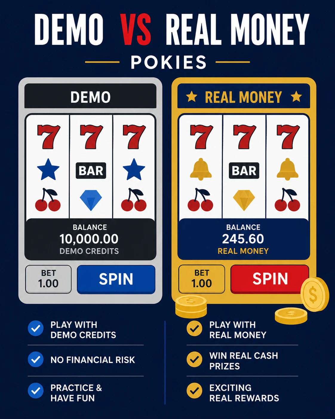Real money pokies compared with demo pokies play